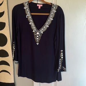 lilly pulitzer navy blue beaded blouse